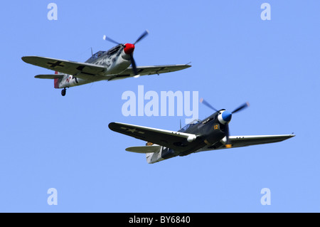 Messerschmitt Bf 109G (CASA HA-1112 Buchon) in Luftwaffe Camouflage und Curtiss P-40N Warhawk in USAAF Tarnung in Bildung. Stockfoto