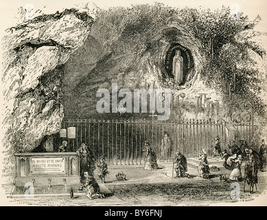 Grotte von Massabielle in das Heiligtum der Muttergottes von Lourdes, Frankreich im 19. Jahrhundert. Stockfoto