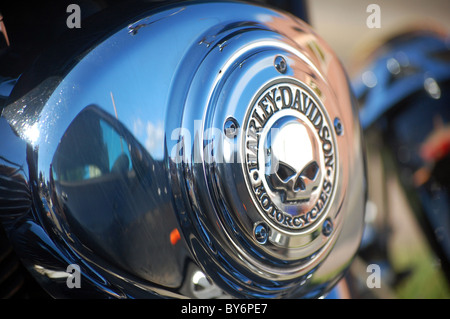 Nahaufnahme von Harley Chrome skull Stockfoto