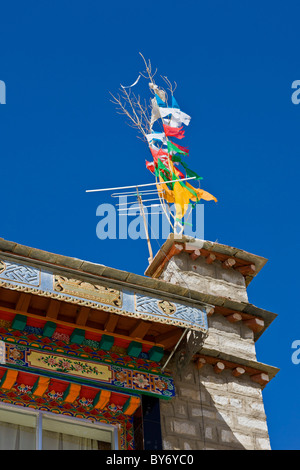 Traditionellen Fahnen und TV Antenne am Dach des Hauses in tibetischen Dorf am Weg von Lhasa Flughafen nach Lhasa-Tibet. JMH4418 Stockfoto