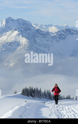 Frau Backcountry Skifahren, aufsteigend, ein Berg, Bayerische Alpen und Rofan Gebirge im Hintergrund, Rotwand, Spitzing Gebiet Stockfoto