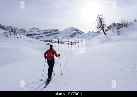 Frau Backcountry Skifahren, aufsteigend in Richtung Hütte, Fanes-Sennes-Bergkette im Hintergrund, Naturpark Fanes-Sennes Stockfoto