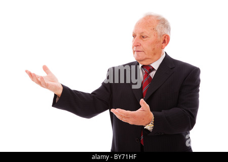 Geschäftsmann, etwas mit seinen Händen (isoliert auf weiss) Stockfoto