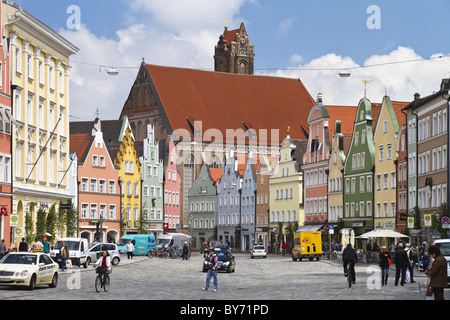 Gotische Stadt Häuser, alte Stadt, Landshut, Niederbayern, Deutschland Stockfoto