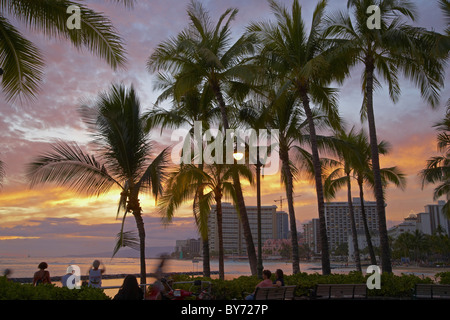 Menschen und Palmen Bäume am Waikiki Beach bei Sonnenuntergang, Honolulu, Oahu, Hawaii, USA, Amerika Stockfoto