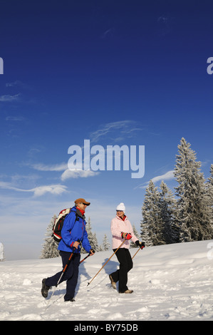 Menschen wandern auf Winterwandern trail in verschneiter Landschaft, Hemmersuppenalm, Reit Im Winkl, Chiemgau, Bayern, Deutschland, Europa Stockfoto