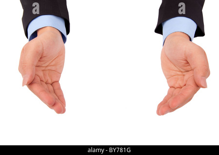 Das Unternehmer Hand hält so etwas und isoliert auf weißem Hintergrund Stockfoto