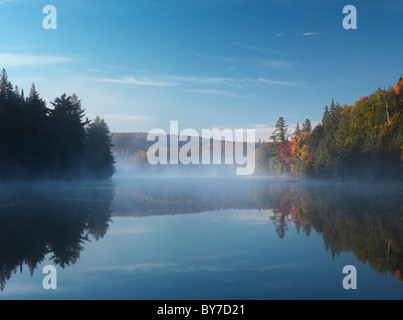 Nebel über Rauch See in der Dämmerung. Schöne Herbst Natur Landschaft. Algonquin Provincial Park, Ontario, Kanada. Stockfoto