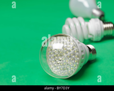 LED-Glühbirne mit Leuchtstoffröhren und Glühlampen Glühbirnen im Hintergrund, zeigt drei Generationen von Glühbirnen Stockfoto
