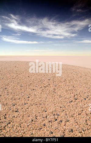 Der Wüstenboden, der mit unzähligen Kieselsteinen übersät ist und Teil eines alten trockenen Meeresbodens ist, befindet sich in der westlichen Wüstenregion der Sahara im Südwesten Ägyptens. Stockfoto