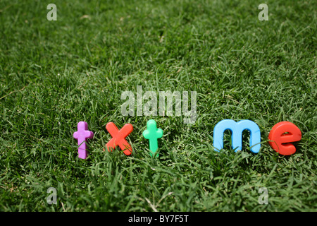 Die Worte "Txt mich" buchstabiert heraus in bunten Buchstaben aus Kunststoff, auf dem grünen Rasen, genommen aus einem niedrigen Winkel Stockfoto