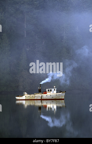 Kleines Boot verankert in Todd Inlet mit Rauch aus dem Trichter, Victoria, Kanada Stockfoto