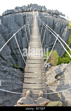 Blick auf die Hängebrücke über die Grand Tsingy-Landschaft in den Tsingy de Bemaraha Nationalpark im westlichen Madagaskar. Stockfoto