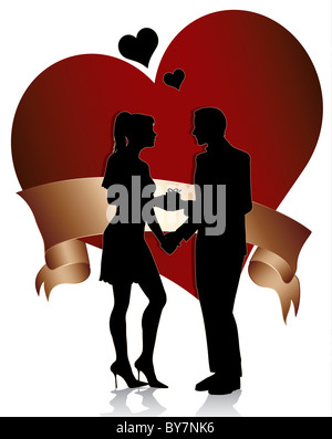 Paar-Silhouette mit Herz und Band isoliert auf weißem Hintergrund Stockfoto