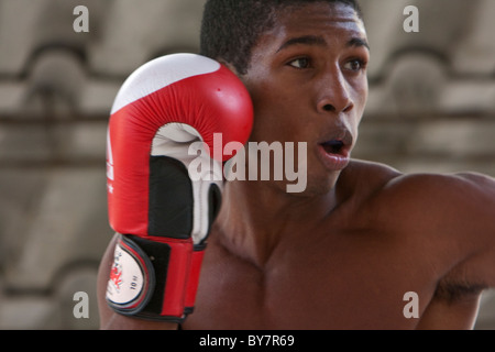 Kuba, Havanna. Afro-kubanischer Boxer in der Praxis. Stockfoto
