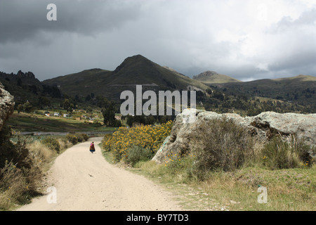 Alten bolivianischen Dame in Tracht auf einem Feldweg in der Nähe von Copacabana Stockfoto