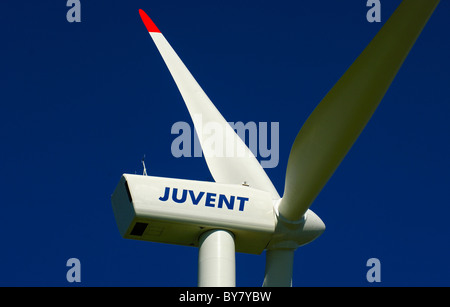 Detail einer Windkraftanlage, Juvent Windpark auf dem Mont Crosin, Kanton Jura, Schweiz Stockfoto