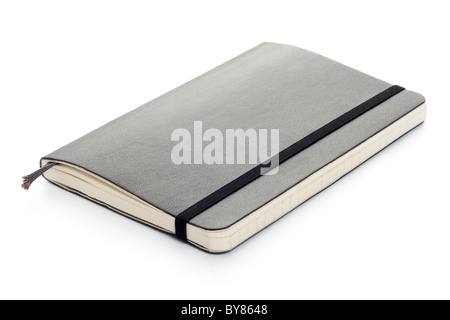 Black Moleskine-Notizbuch (Taschenformat, weich) auf weißem Hintergrund Stockfoto