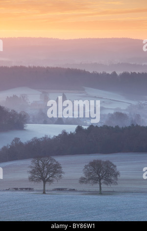 Blick vom Newlands Ecke mit Blick auf Albury. Die Deckung der Frost und Taschen der Morgennebel schweben zwischen den fernen Bergen Stockfoto