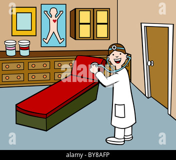 Karikatur eines Arztes in den Prüfungsraum. Stockfoto