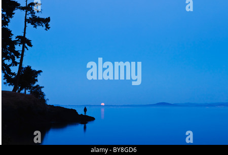 Eine Frau steht auf einer Küstenlinie beobachten die Einstellung Vollmond über Haro Strait und Vancouver Island, San Juan Island, WA, USA. Stockfoto