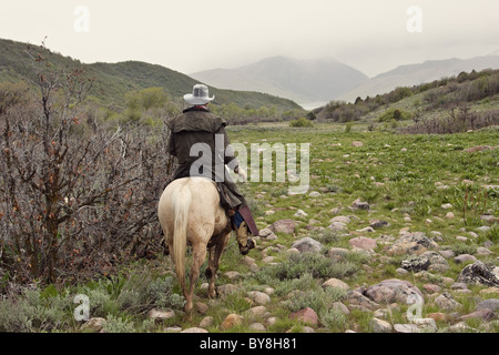 Cowboy auf weißem Pferd in den Bergen und bei regnerischem Wetter Stockfoto