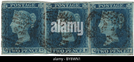 Streifen von drei Twopenny blauen Briefmarken von 1841 Stockfoto