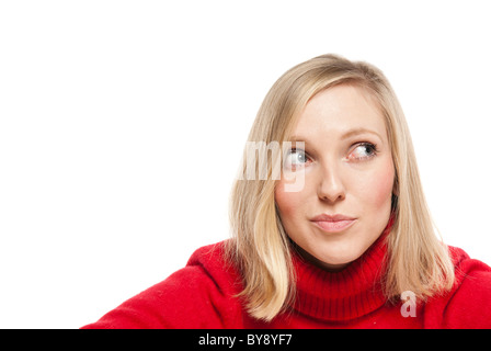 Close-up Portrait einer schönen jungen Frau. Blick hinauf in die Ecke. Viele Exemplar und Platz für Text auf dieser zu isolieren. Stockfoto