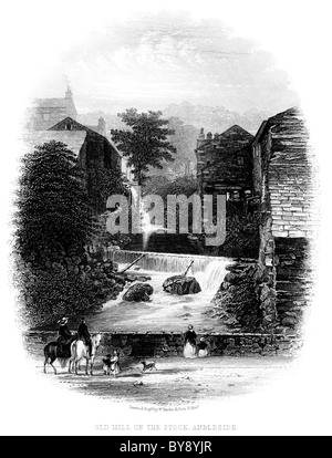 Gravur mit dem Titel Old Mill on the Stock – Ambleside gescannt mit hoher Auflösung aus einem Buch über den Lake District aus dem Jahr 1864. Glaubte, dass es keine Urheberrechte gibt Stockfoto