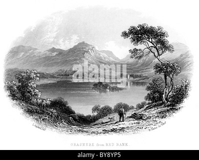 Gravur mit dem Titel Grasmere von der Roten Bank, hochaufgelöst von einem Buch über den Lake District gescannt, das vor 1864 veröffentlicht wurde. Für urheberrechtlich frei gehalten. Stockfoto