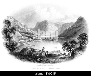 Eine Gravur mit dem Titel Crummock & Buttermere Lakes, die in hoher Auflösung gescannt wurde, aus einem Buch über den Lake District vor 1864. Glaubte, dass es keine Urheberrechte gibt Stockfoto