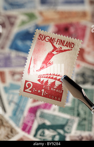 Finnische commemorative Stempel aus dem Jahr 1938. FIS Nordische Ski-WM in Lahti. Stockfoto