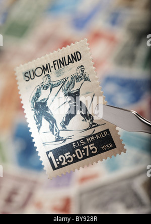 Finnische commemorative Stempel aus dem Jahr 1938. FIS Nordische Ski-WM in Lahti. Stockfoto