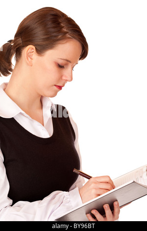 Business-Frau schreibt im Editor. Isoliert auf weißem Hintergrund. Stockfoto