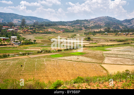 Reisfelder und die umliegende Landschaft am Rande der Stadt Ambositra in Süden-zentralem Madagaskar. Stockfoto