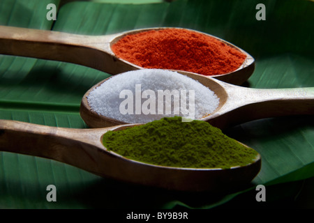 Gewürze in Holzlöffel Stockfoto