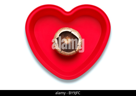 Konzeptionelle Foto eines Pilzes in eine herzförmige Schüssel, eine Liebe des Gemüses, vertreten isoliert auf weißem Hintergrund Stockfoto