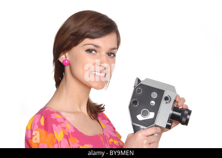 Frau mit alten Filmkamera Stockfoto