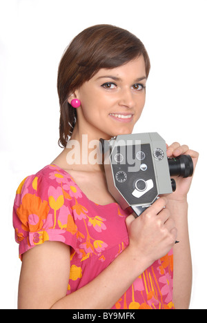 Frau mit alten Filmkamera Stockfoto