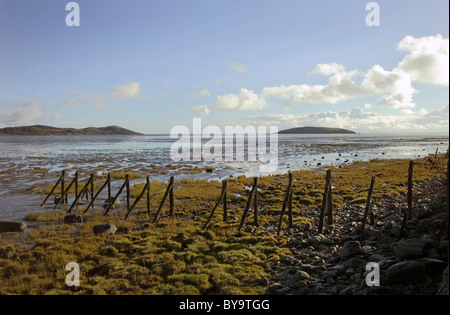 Reste der Pfähle mit Hestan Insel von Balcary, Auchencairn, Galloway festmachen Stockfoto