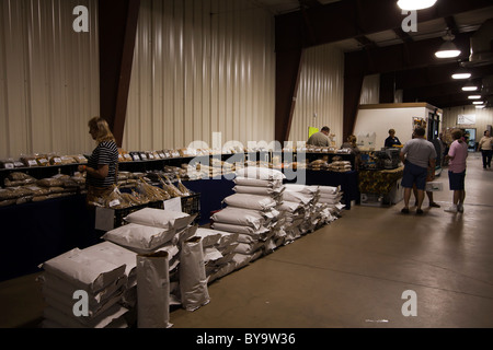 Berge von Vogel und Nahrung für Haustiere zum Verkauf an einen Vogel-Expo. Stockfoto