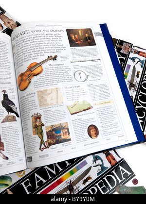 Große Enzyklopädie auf der Seite auf Mozart eröffnet Stockfoto