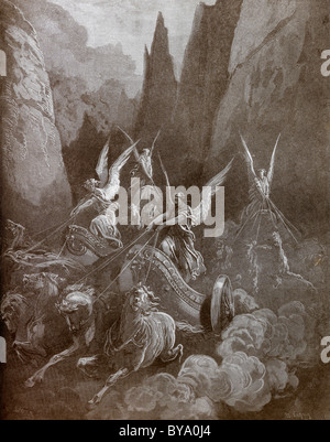 Bibelgeschichte Illustration der Vision von Sacharja über die vier Wagen Aus dem Alten Testament (Sacharja 6:1) Stockfoto