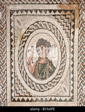 Roman Ktisis Mosaic in das Haus des Eustolios, archäologische Ausgrabungsstätte des antiken Kourion, Halbinsel Akrotiri Stockfoto