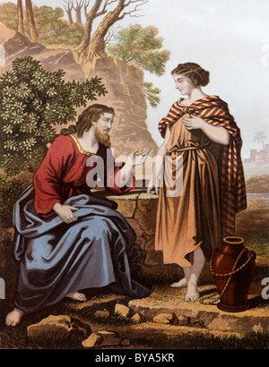 Bibelgeschichten - Illustration von 'Jesus und die Frau von Samaria' aus dem Neuen Testament Stockfoto