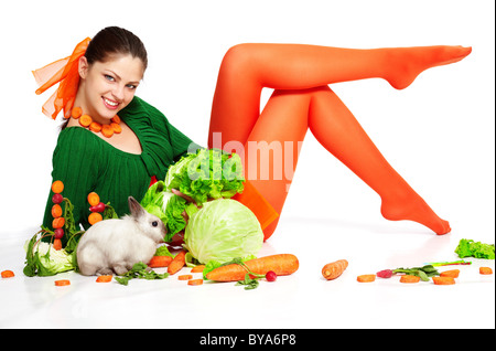 Mädchen und Zwerg Kaninchen Stockfoto