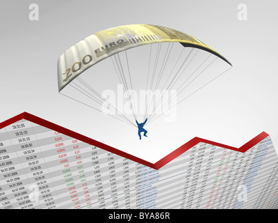 Fallschirm gemacht von einer Euro-Banknote, Aktienkurse, Illustration, symbolisches Bild für die Börse Stockfoto