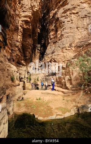 Touristen an der Guelta in den Slot Canyon des Wadi Essendilene, Nationalpark Tassili n ' Ajjer, UNESCO-Weltkulturerbe Stockfoto