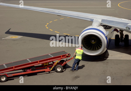 Gepäck-Handler für Virgin Blue in Sydney Domestic Airport Stockfoto