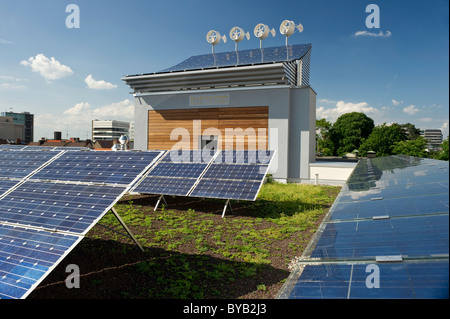 Windkraftanlagen und eine Solaranlage in Freiburg Im Breisgau, Baden-Württemberg, Deutschland, Europa Stockfoto